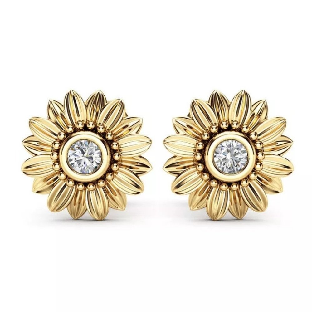 ***18k Yellow Gold Diamond Sunflower Stud Earrings